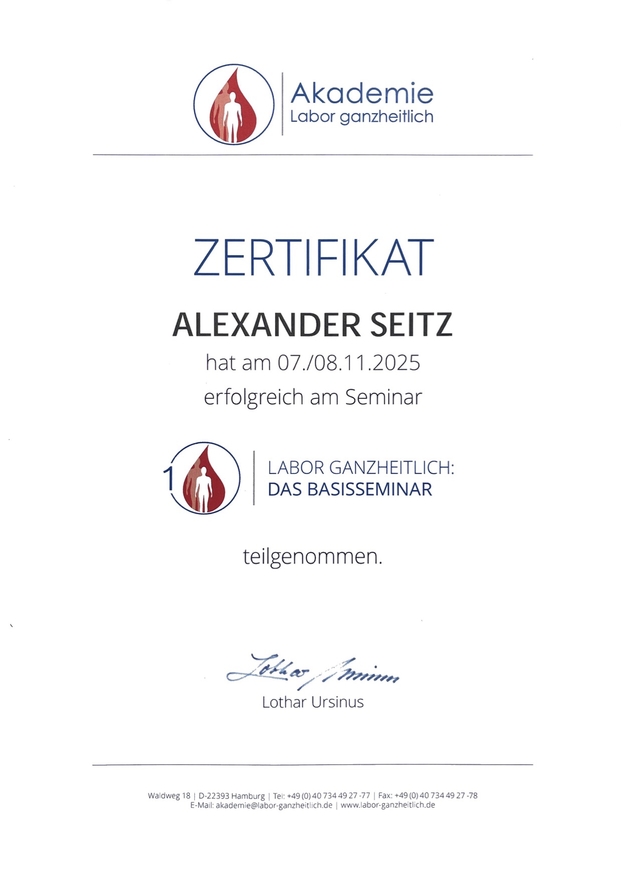 Zertifikat: Labordiagnostik Basisseminar, Akademie Labor ganzheitlich