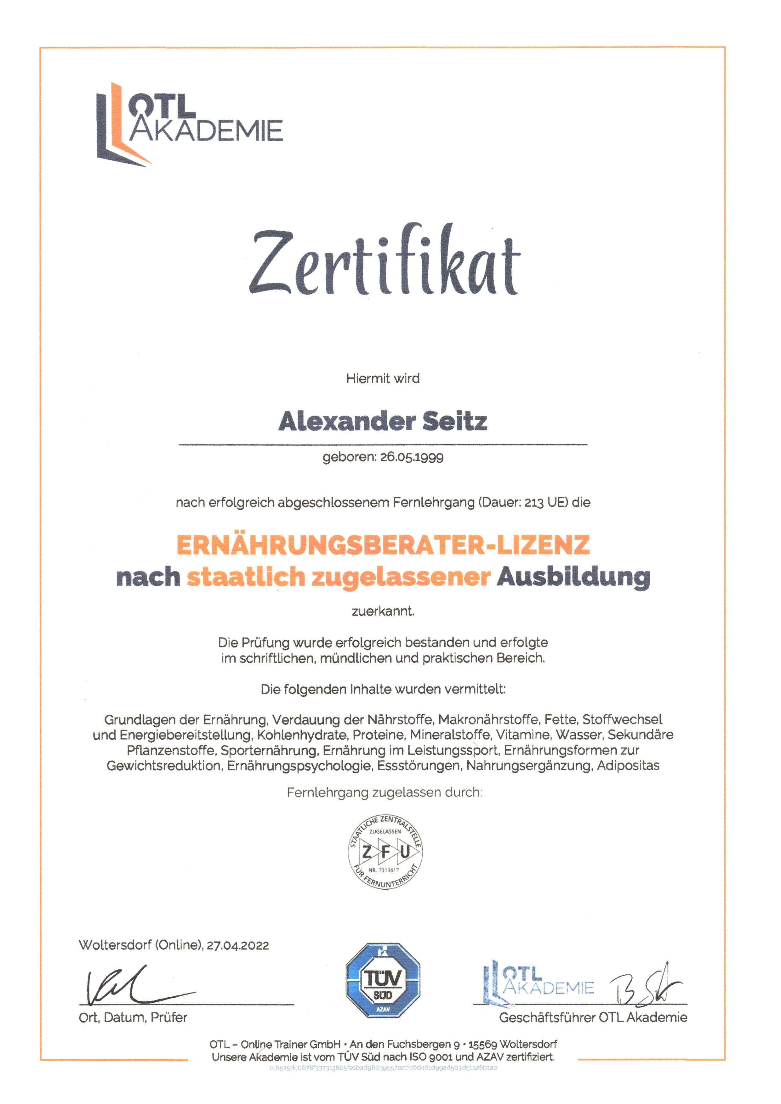 Zertifikat: Ernährungsberater-Lizenz, OTL Akademie